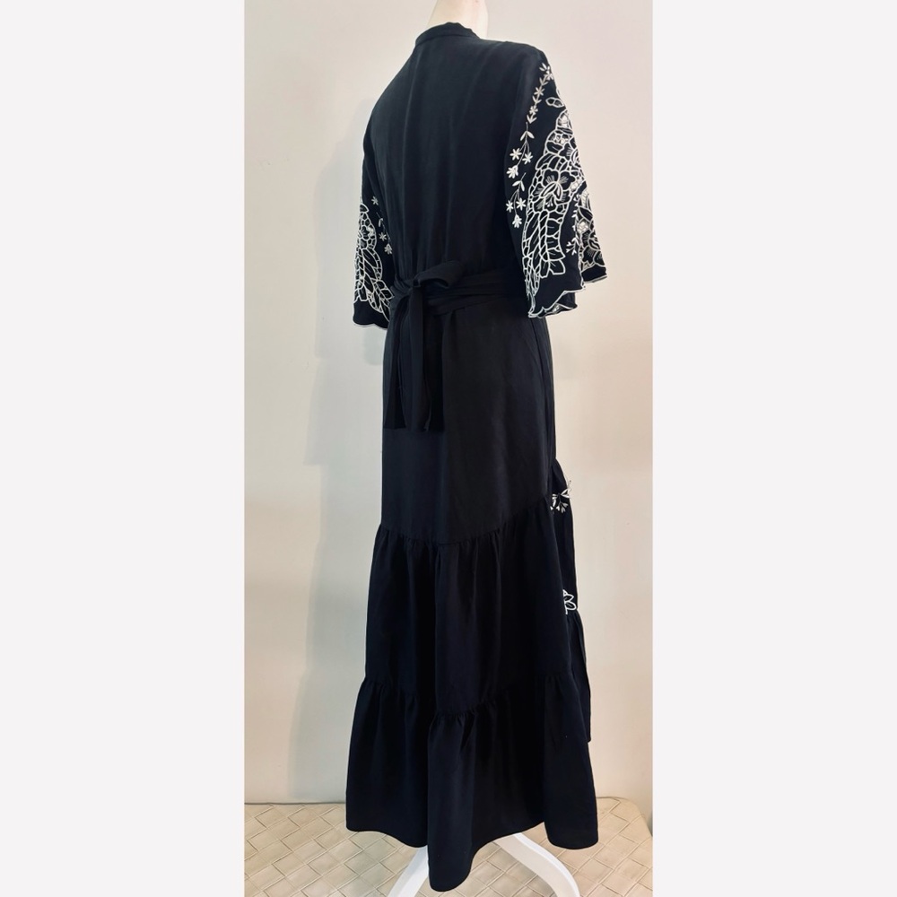 Kobi Halperin Black Maxi Dress with White Floral Embroidery, Ruffles-Small - Picture 3 of 11